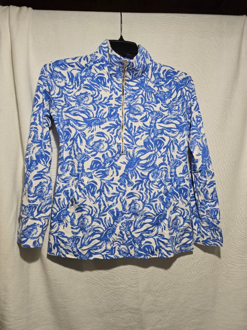 Lilly Pulitzer Blue White Crab Print 1/4 Zip Popover Sweatshirt Size Small Bambo